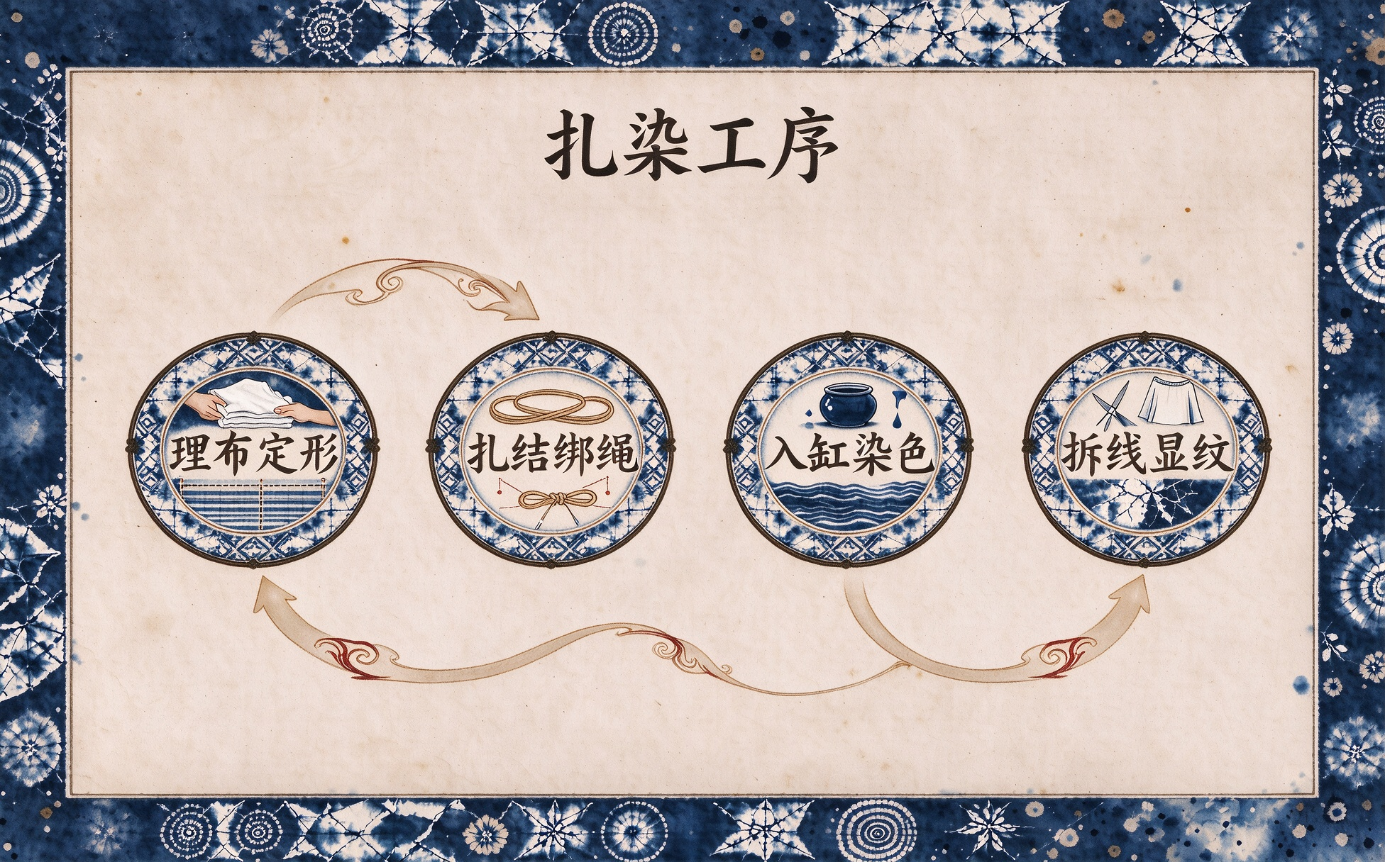 扎染工序：理布定形、扎结绑绳、入缸染色、拆线显纹